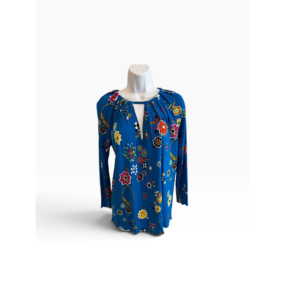 Emilio Pucci Blouse IT 34 XS Blue Grasshopper Floral Silk Blend Keyhole Top